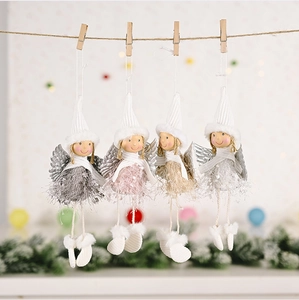 Set of four plush Christmas angel dolls with knit hats and silver wings for holiday decor