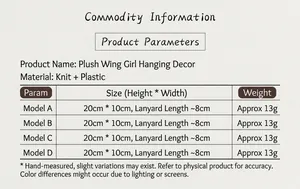 Size specifications for plush wing angel girl pendant with dimensions and materials