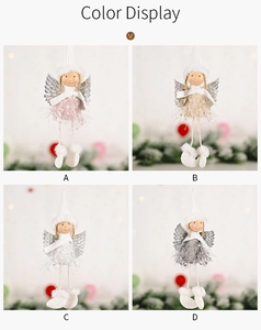 Detail view of four plush angel doll Christmas ornaments with glitter wings and fur boots