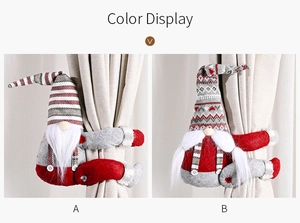 Close-up of striped and Nordic pattern Christmas gnome curtain buckles in red and grey