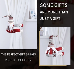 Detail of Christmas gnome curtain tieback with striped hat and white beard decoration