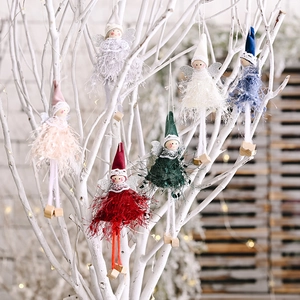 Set of 6 plush Christmas angel ornaments with sequin wings on a white festive branch