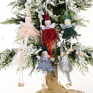 Christmas plush angel doll ornaments with silver wings and lace skirt set for tree decor