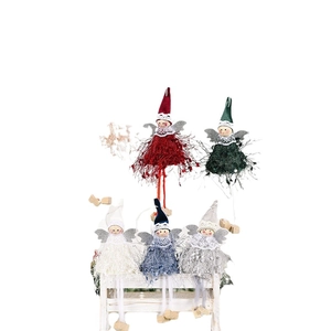 Set of five plush Christmas angel doll ornaments with knit hats and silver wings