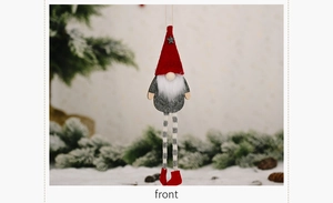 Detailed front view of a Christmas gnome with red star hat, long beard and striped legs