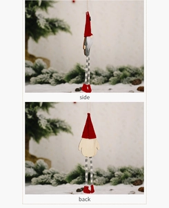 Side and back view of a Christmas gnome hanging ornament with long plaid legs and beard