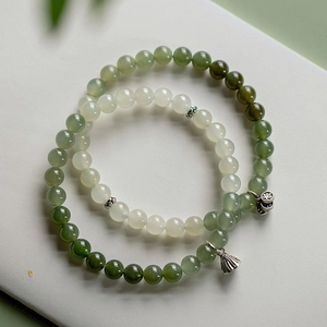 New Chinese style gradient Hetian jade bracelets with lotus pendants and silver accents