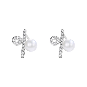 Asymmetric silver pearl earrings with paved zircon symbol design on white background