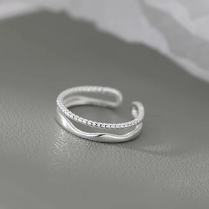 Irregular double-layer twisted rope open ring with silver finish and wavy texture design