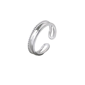 Irregular double layer silver ring with polished band and beaded texture design