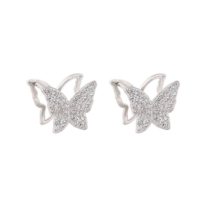 Sparkling silver butterfly stud earrings with rhinestones and hollow double wing design