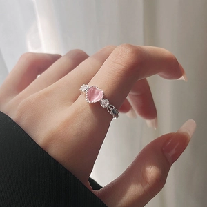 Heart Shaped Copper Ring With Cat Eye Stone And Zircon Inlaid Adjustable Sweet Fashion Jewelry For Women