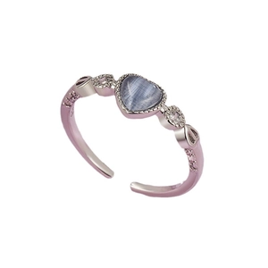 Silver adjustable heart ring featuring blue cat eye stone and sparkling zircon accents