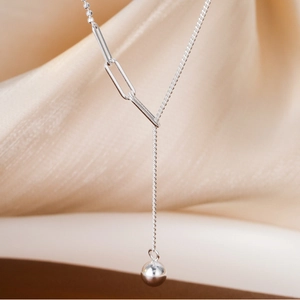 Silver Y-shaped asymmetric chain necklace with minimalist round bead pendant for women