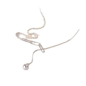 Asymmetric silver chain necklace featuring round bead tassel and minimalist paperclip link