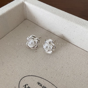 French camellia pearl stud earrings with multi-layer petals in elegant silver and white