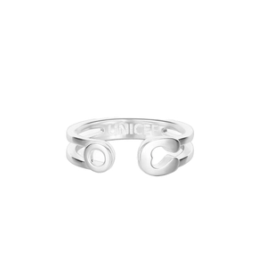 Minimalist silver open heart ring with UNICEF engraving on a polished double band