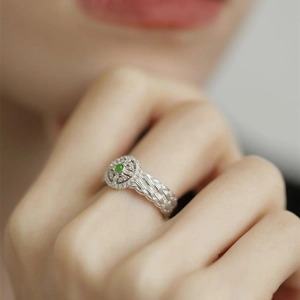 Vintage Round Ring Green Jade Rhinestones Lace Woven Copper Adjustable Open Index Finger Ring Women Light Luxury Jewelry
