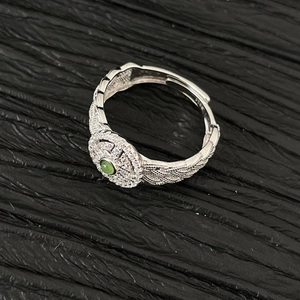 Lace woven S925 silver ring with round green Hetian jade and micro-set diamonds