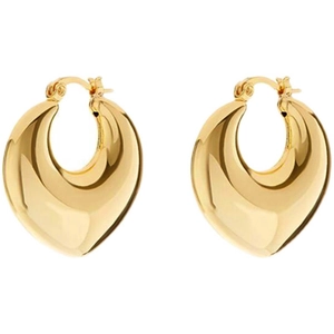 Minimalist high-polish gold hoop earrings with a chunky waterdrop shape on white background