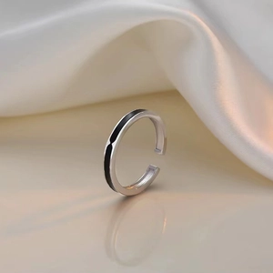 Irregular geometric open ring with black enamel line minimalist stainless steel jewelry