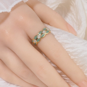 French Vintage Quilted Enamel Adjustable Copper Ring Two Tone Gold Plated Fashion Luxury Jewelry For Women