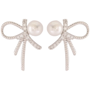 Elegant S925 silver bow stud earrings with white pearls and sparkling pavé diamonds