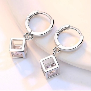 S925 sterling silver hoop earrings featuring hollow cube charms and sparkling cubic zirconia