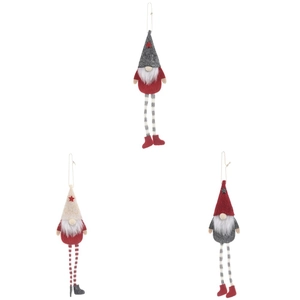 Three Christmas gnome ornaments with long striped legs and star hats on white background