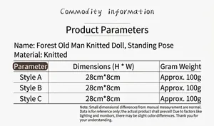 Größentabelle mit Material und Maßen für die 28 cm gestrickten Waldzwerg-Puppen