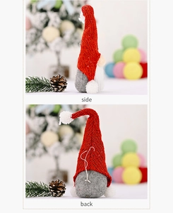 Side and back view of red and grey knitted Christmas gnome hanging decoration