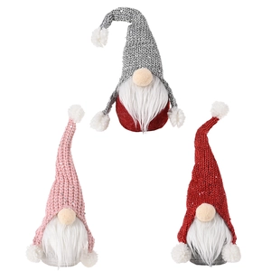 Three sequined Christmas gnome plush figurines in pink, silver and red for holiday decor