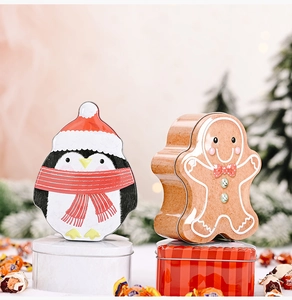 Detailed view of penguin and gingerbread man tin boxes for Christmas gift packaging