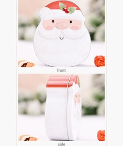 Front and side view of festive Santa Claus tin box with red and white holiday details