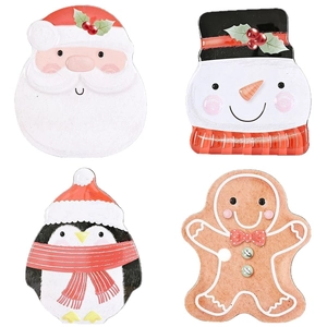 Set of 4 Christmas tin gift boxes featuring Santa, Snowman, Penguin, and Gingerbread Man