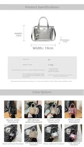 Detailed size chart and specifications for minimalist bucket bag with multiple color options