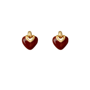 Elegant French style heart earrings with deep red enamel glaze and gold metal finish