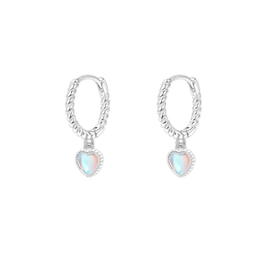 Elegant silver twisted hoop earrings featuring translucent heart shaped moonstone pendants