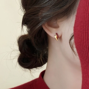 French vintage burgundy enamel silver earrings with minimalist C-shape design on ear