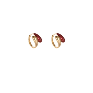 French vintage gold earrings with red enamel teardrop pendants on white background