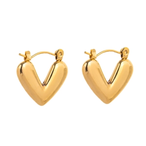 Detail view of the polished golden V-shaped heart earrings with a secure clasp closure