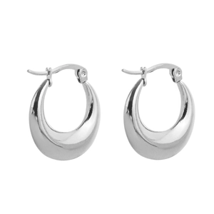 Close-up of thick silver teardrop hoop earrings with high-polished mirror finish