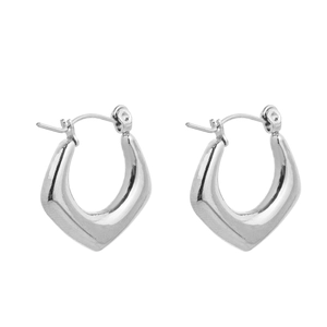Detailed view of silver stainless steel geometric shield earrings with polished finish