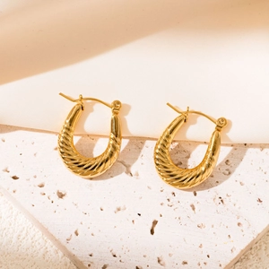 Detailed macro view of gold U-shaped earrings with spiral texture on stone surface