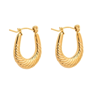 Polished gold-plated stainless steel U-shaped hoop earrings with twisted texture design
