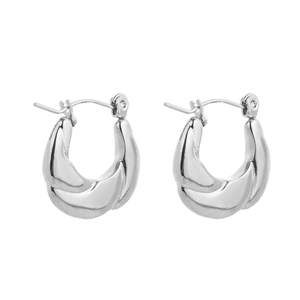 Detailed view of silver polished stainless steel thick hoop earrings in crescent shape