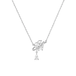 925 Sterling Silver Heart Pendant Necklace with Planet Ring and Pear Cut Gemstone