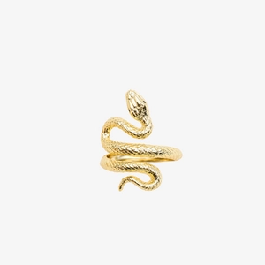 Minimalist S925 silver snake ring in gold finish with textured scales and black gemstone eyes