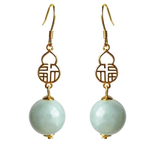 Elegant gold gourd earrings with hollow Fu character and round green jade beads