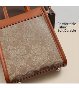 Detail of checkered jacquard fabric and brown leather trim on the mini crossbody bag